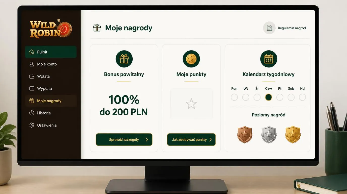 Panel nagród gracza z bonusem 100% do 200 PLN, licznikiem punktów i kartą nagród tygodniowych