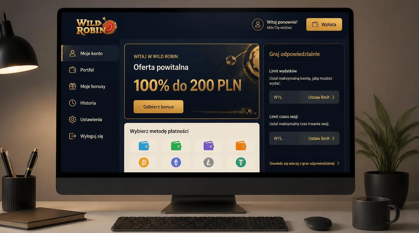 Panel oferty powitalnej 100% do 200 PLN z ikonami płatności i ustawieniami limitów gry